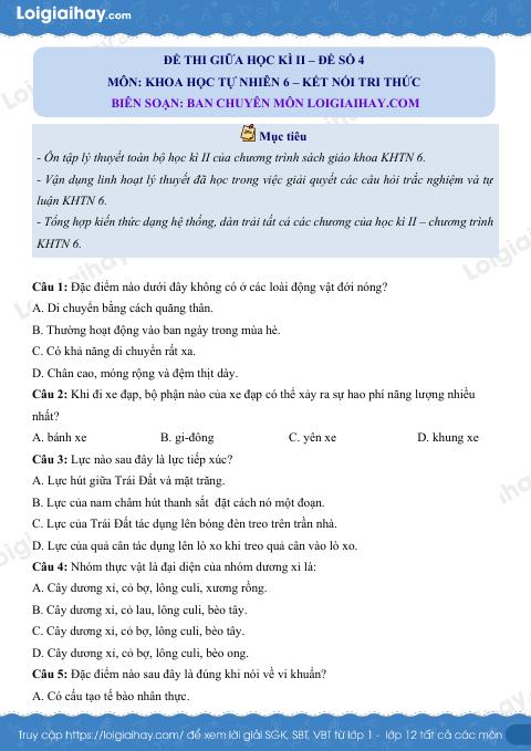 Đề thi giữa kì 2 KHTN 6 Kết nối tri thức - Đề số 4
